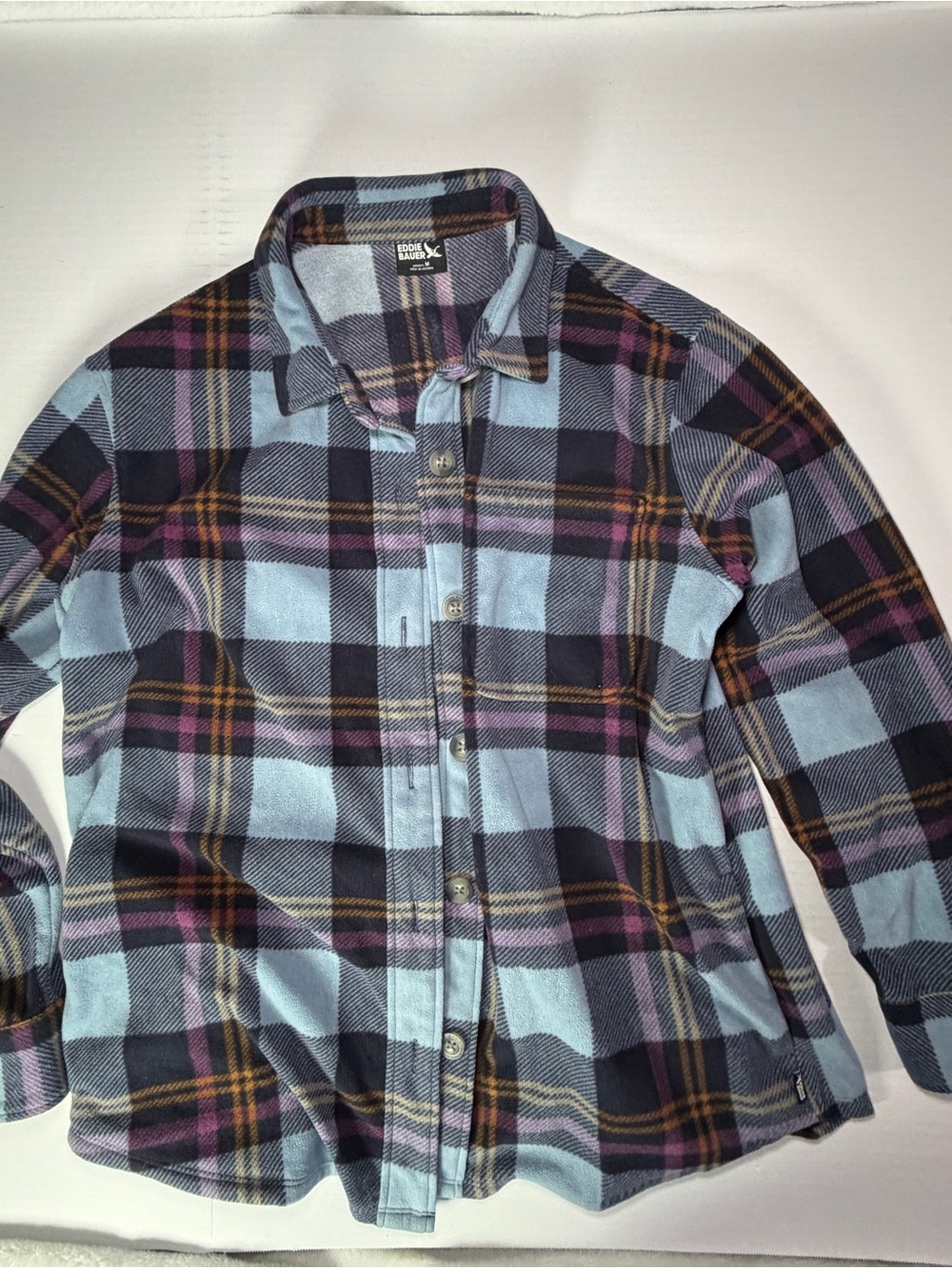 Eddie Bauer Light Blue Navy Plaid Button-Down Shirt with Pink & Brown Stripes